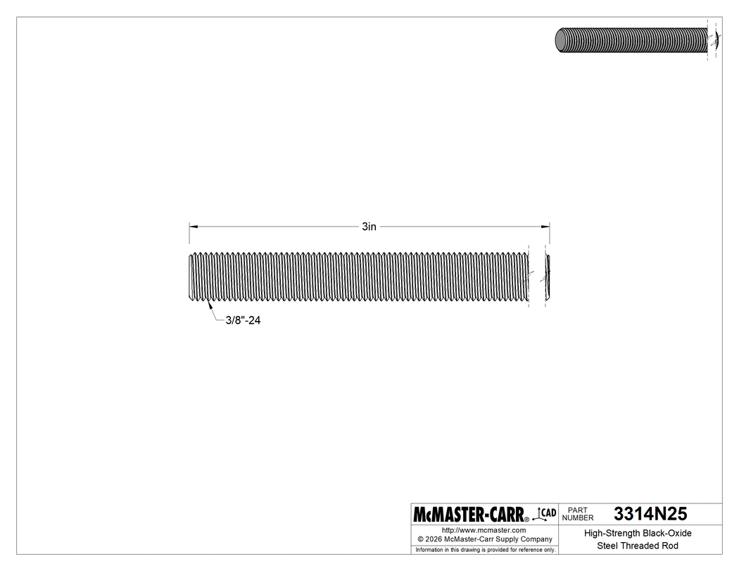 Technical Drawing of High-Strength Black-Oxide Steel Threaded Rod, 3/8"-24 Thread Size, 3" Long.